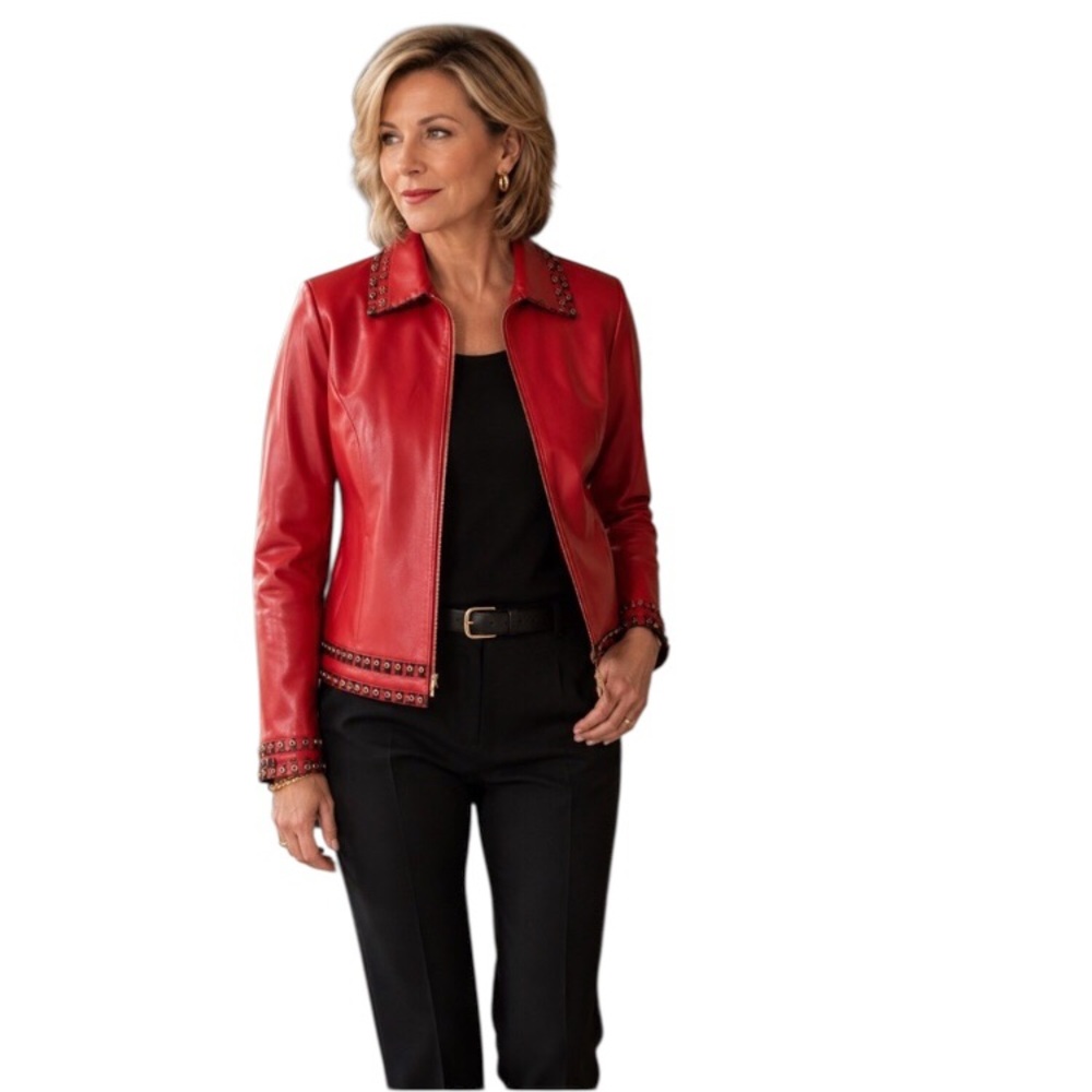 Pamela McCoy 100% Leather Quilted Red Full Zip Jacket w/ chain detail Sz M